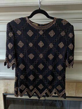 Vintage Black Silk Beaded Evening Top Art Deco XL
